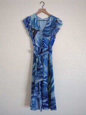 Elie Tahari Apis Multi Silk Floral Midi Dress NWT Blue Flutter Sleeve Size Small